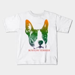 The boston terrier head is Violet, Green, Orange Kids T-Shirt